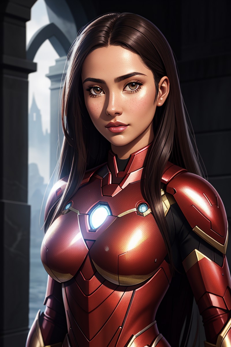 Closeup fullbody portrait of female Ironman, crimsone long hair, intricate background, atmospheric scene, masterpiece, bes...